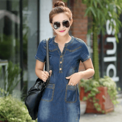 ĐẦM JEAN SUÔNG CỔ TRỤ VẠT BẦU - NJ276